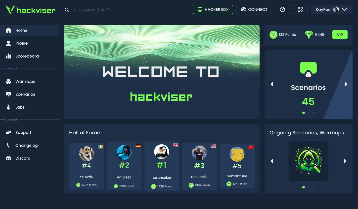 Hackviser learning dashboard preview